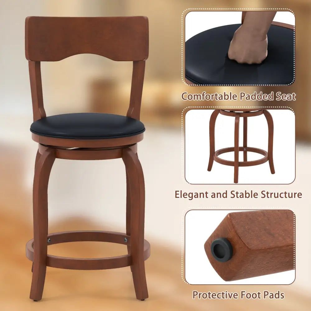 Swivel Bar Stools Set of 2 with Rubber Wood Frame and Upholstered Seat-24 Inch - Black & Brown - Bar Stools