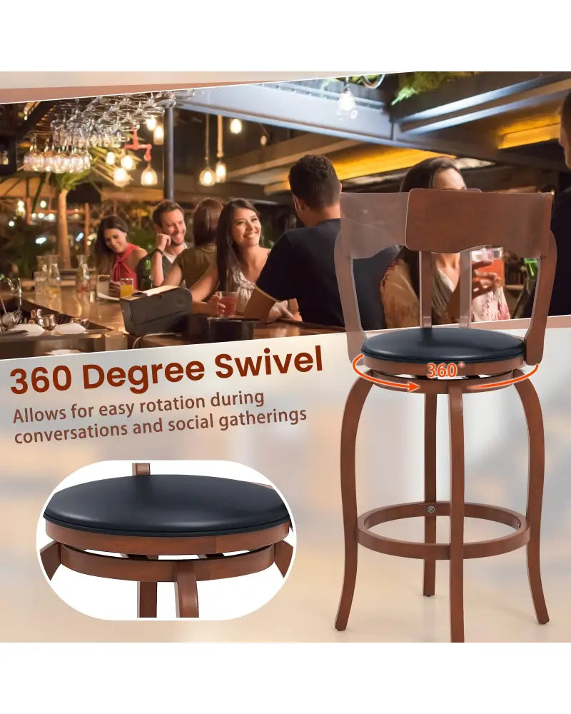 Swivel Bar Stools Set of 2 with Rubber Wood Frame and Upholstered Seat-29 Inch - Black & Brown - Bar Stools