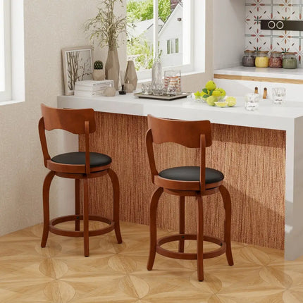 Swivel Bar Stools Set of 2 with Rubber Wood Frame and Upholstered Seat-24 Inch - Black & Brown - Bar Stools