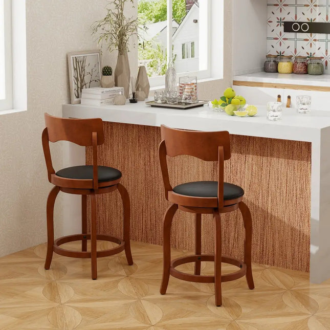 Swivel Bar Stools Set of 2 with Rubber Wood Frame and Upholstered Seat-24 Inch - Black & Brown - Bar Stools