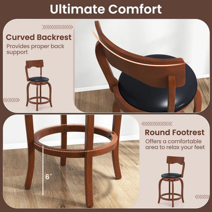 Swivel Bar Stools Set of 2 with Rubber Wood Frame and Upholstered Seat-24 Inch - Black & Brown - Bar Stools