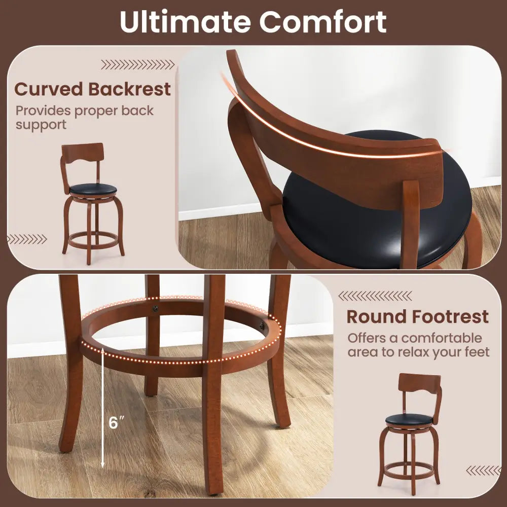 Swivel Bar Stools Set of 2 with Rubber Wood Frame and Upholstered Seat-24 Inch - Black & Brown - Bar Stools
