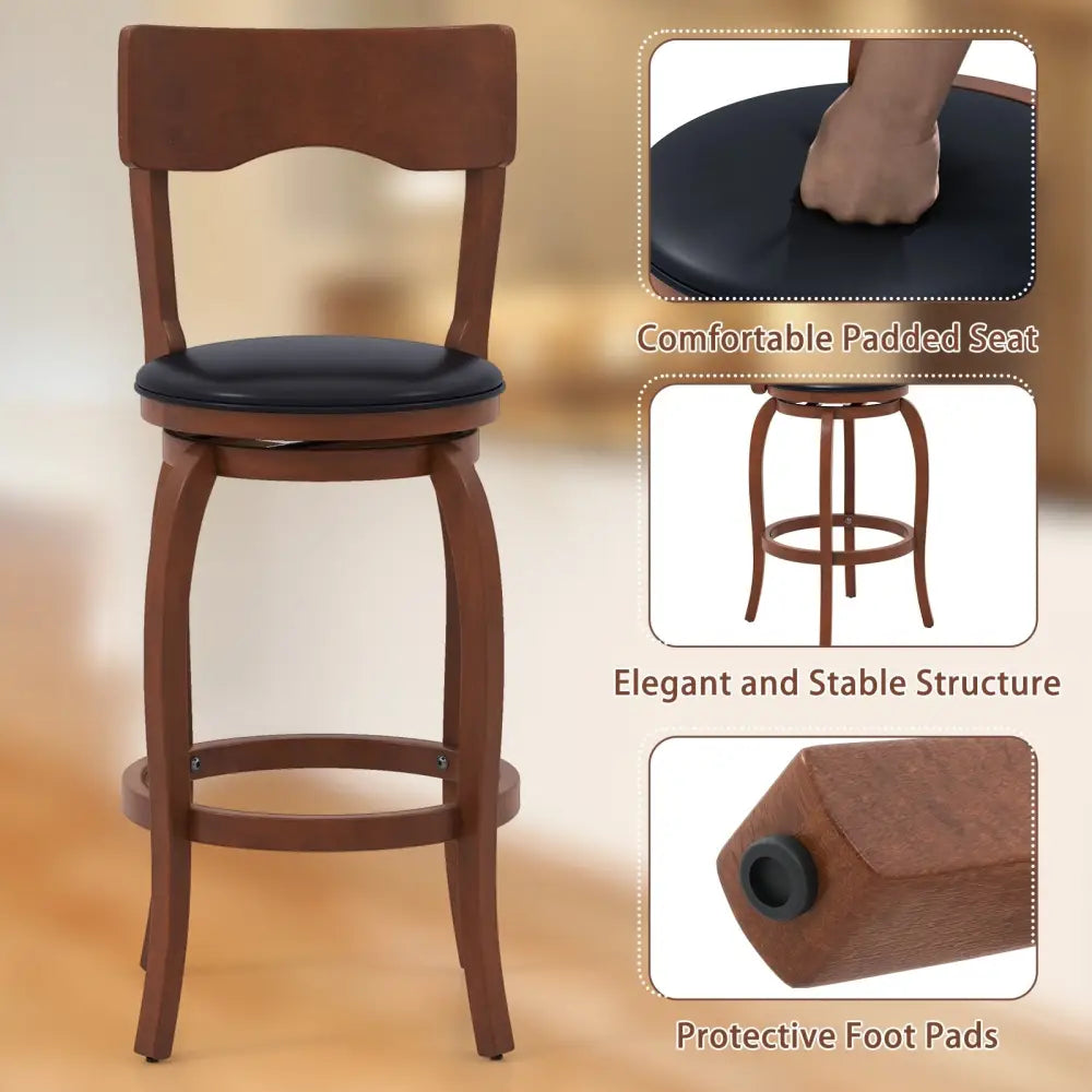 Swivel Bar Stools Set of 2 with Rubber Wood Frame and Upholstered Seat-29 Inch - Black & Brown - Bar Stools