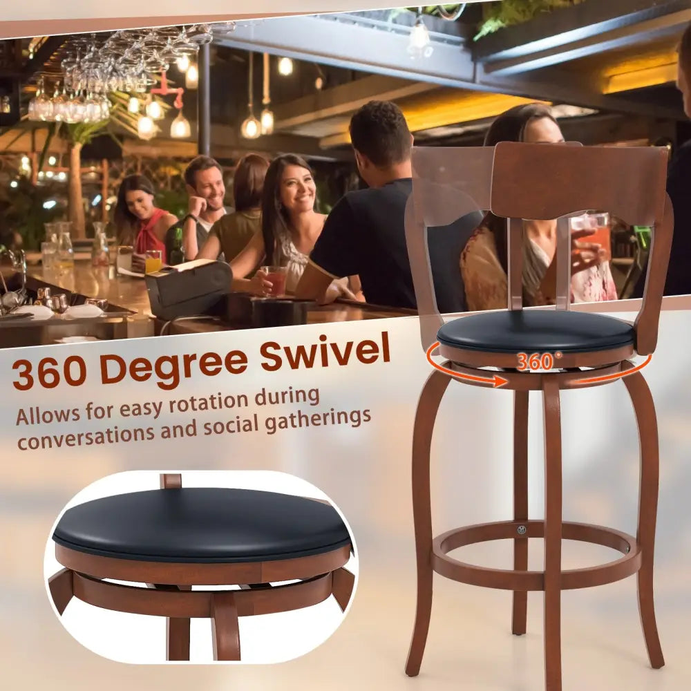 Swivel Bar Stools Set of 2 with Rubber Wood Frame and Upholstered Seat-29 Inch - Black & Brown - Bar Stools