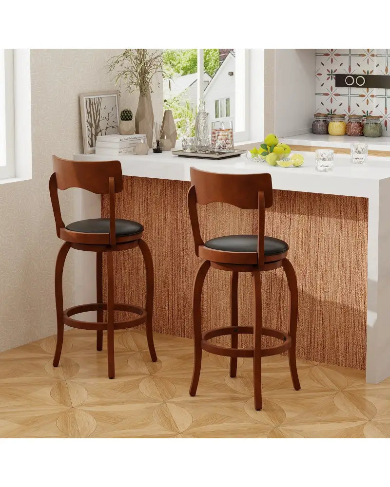 Swivel Bar Stools Set of 2 with Rubber Wood Frame and Upholstered Seat-29 Inch - Black & Brown - Bar Stools