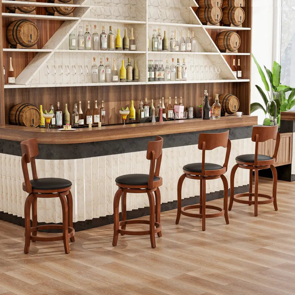 Swivel Bar Stools Set of 2 with Rubber Wood Frame and Upholstered Seat-24 Inch - Black & Brown - Bar Stools