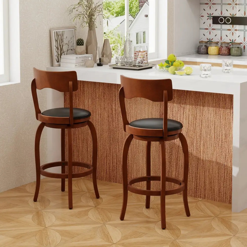 Swivel Bar Stools Set of 2 with Rubber Wood Frame and Upholstered Seat-29 Inch - Black & Brown - Bar Stools