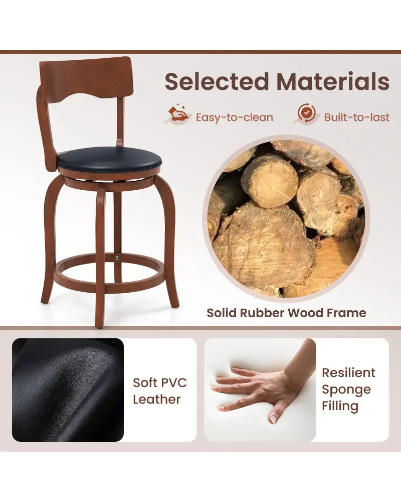 Swivel Bar Stools Set of 2 with Rubber Wood Frame and Upholstered Seat-24 Inch - Black & Brown - Bar Stools