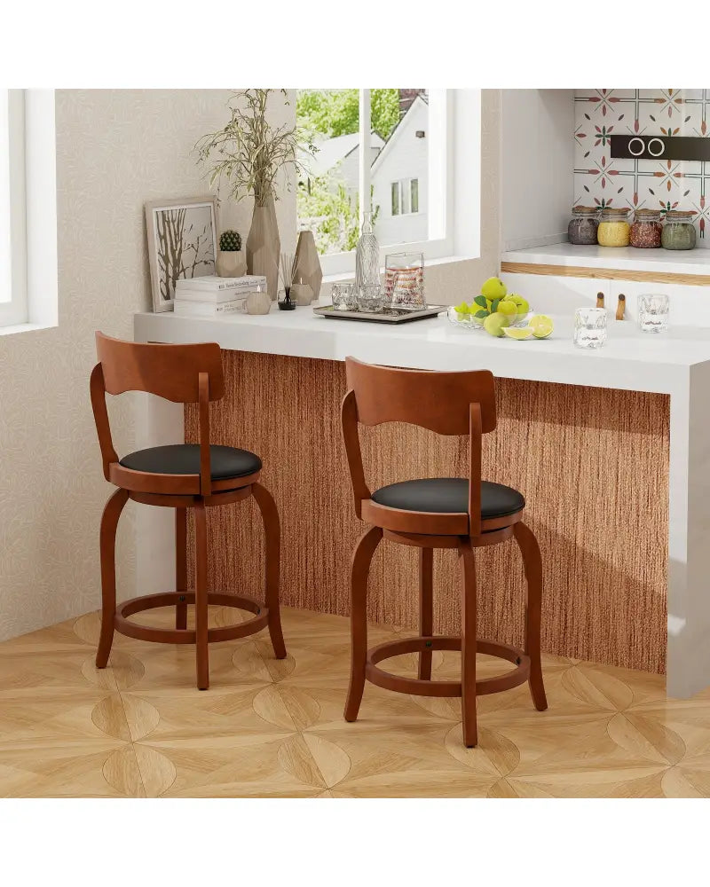 Swivel Bar Stools Set of 2 with Rubber Wood Frame and Upholstered Seat-24 Inch - Black & Brown - Bar Stools