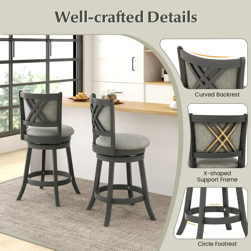 Swivel Bar Stools Set of 2 with Soft-padded Back and Seat-S - Gray - Bar Stools