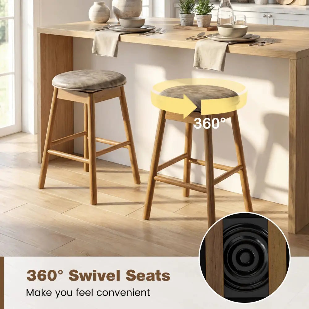 Swivel Counter Height Barstools with Solid Wood Legs and Footrests-Set of 2 - Bar Stools