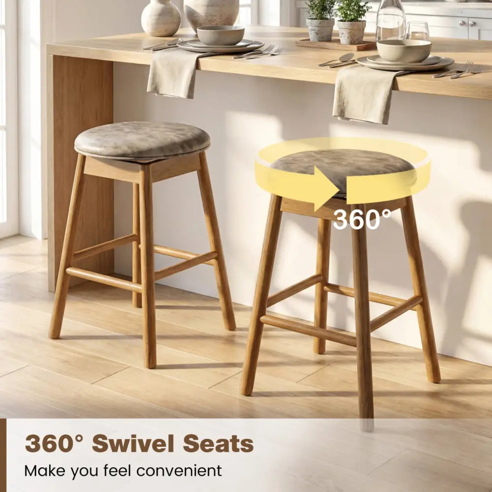 Swivel Counter Height Barstools with Solid Wood Legs and Footrests-Set of 2 - Bar Stools