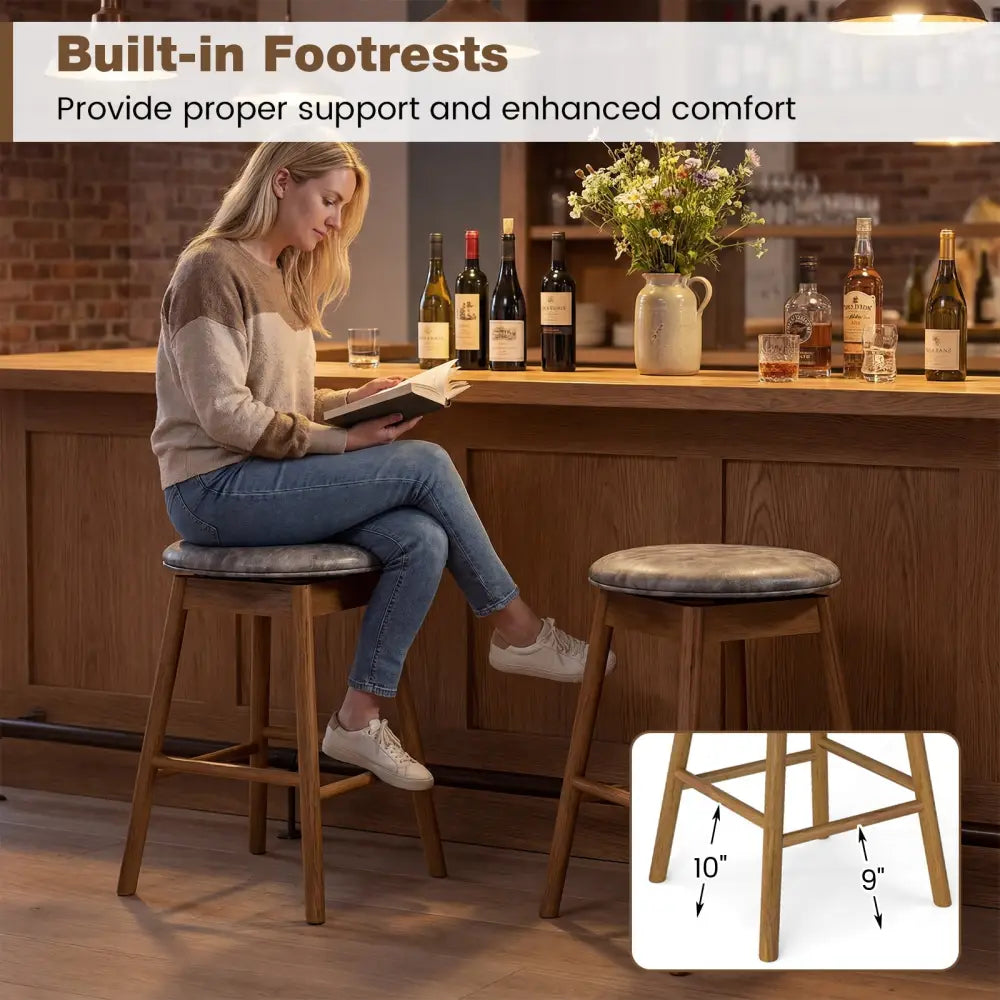 Swivel Counter Height Barstools with Solid Wood Legs and Footrests-Set of 2 - Bar Stools