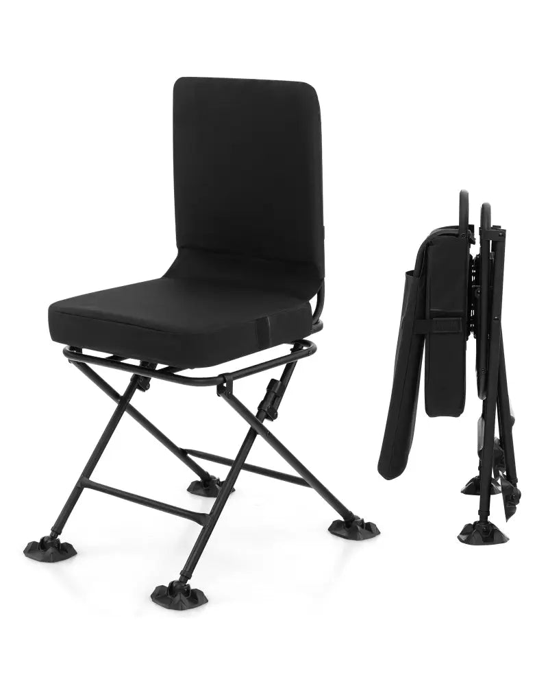 Swivel Folding Chair with Backrest and Padded Cushion-Black - Black - Camping Furniture