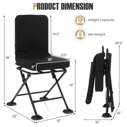 Swivel Folding Chair with Backrest and Padded Cushion-Black - Black - Camping Furniture