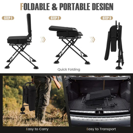Swivel Folding Chair with Backrest and Padded Cushion-Black - Black - Camping Furniture