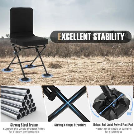 Swivel Folding Chair with Backrest and Padded Cushion-Black - Black - Camping Furniture