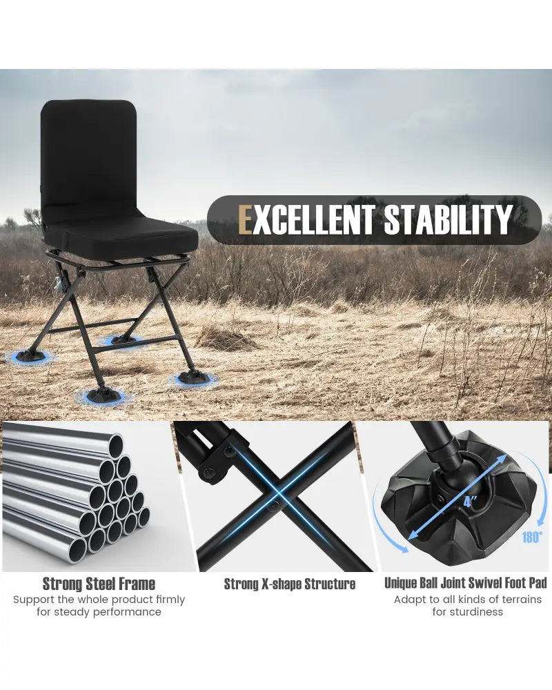 Swivel Folding Chair with Backrest and Padded Cushion-Black - Black - Camping Furniture
