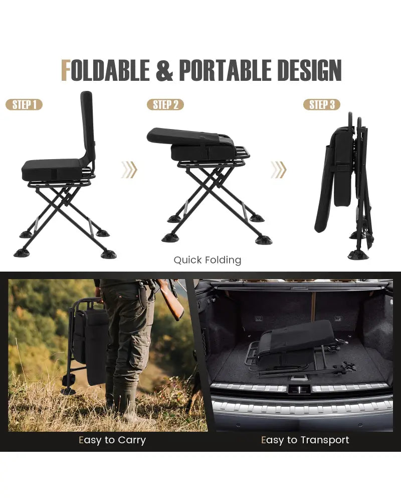 Swivel Folding Chair with Backrest and Padded Cushion-Black - Black - Camping Furniture