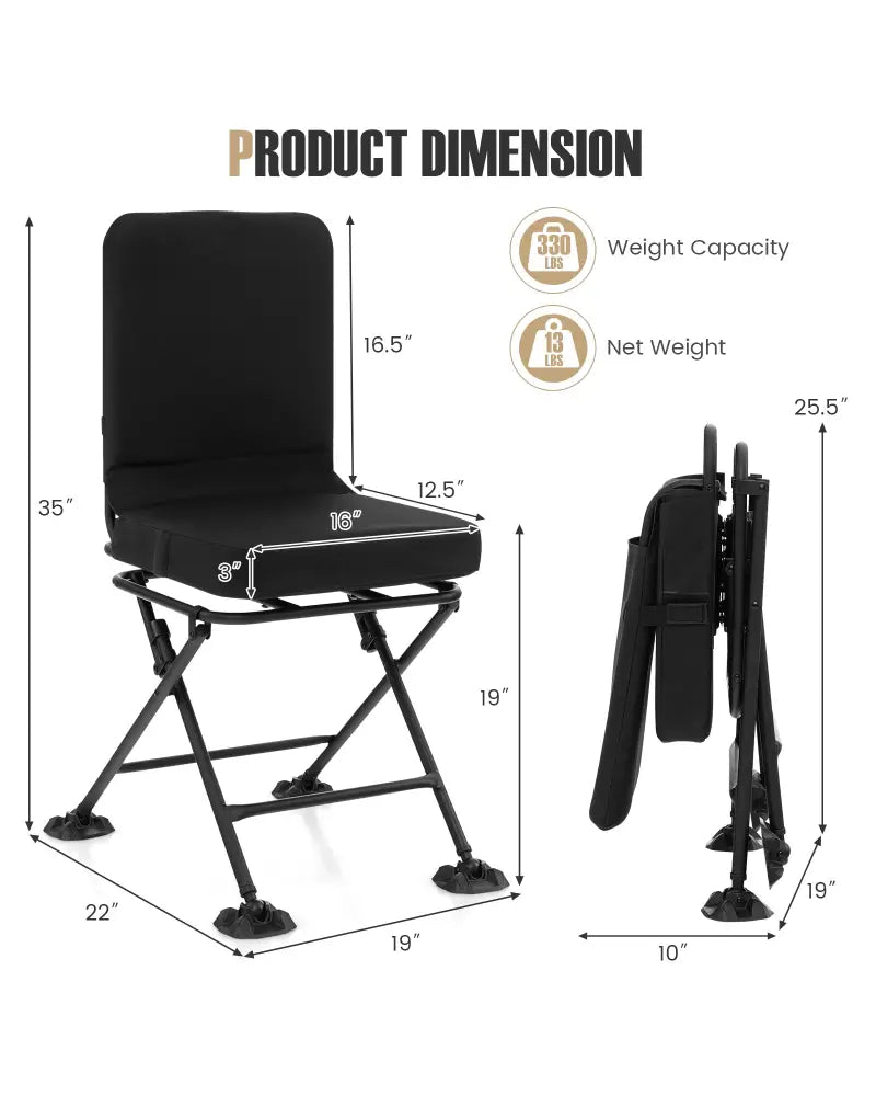 Swivel Folding Chair with Backrest and Padded Cushion-Black - Black - Camping Furniture
