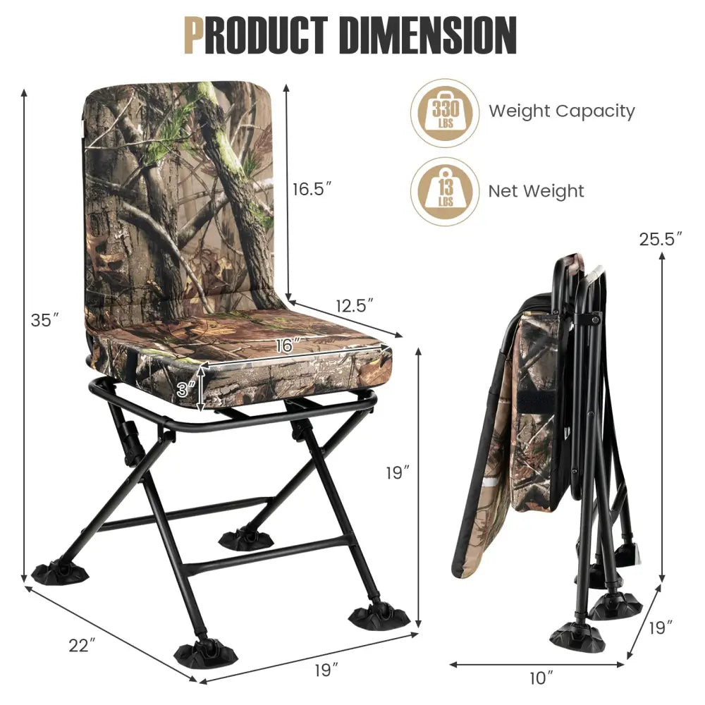 Swivel Folding Chair with Backrest and Padded Cushion-Camouflage - Camouflage - Camping Furniture