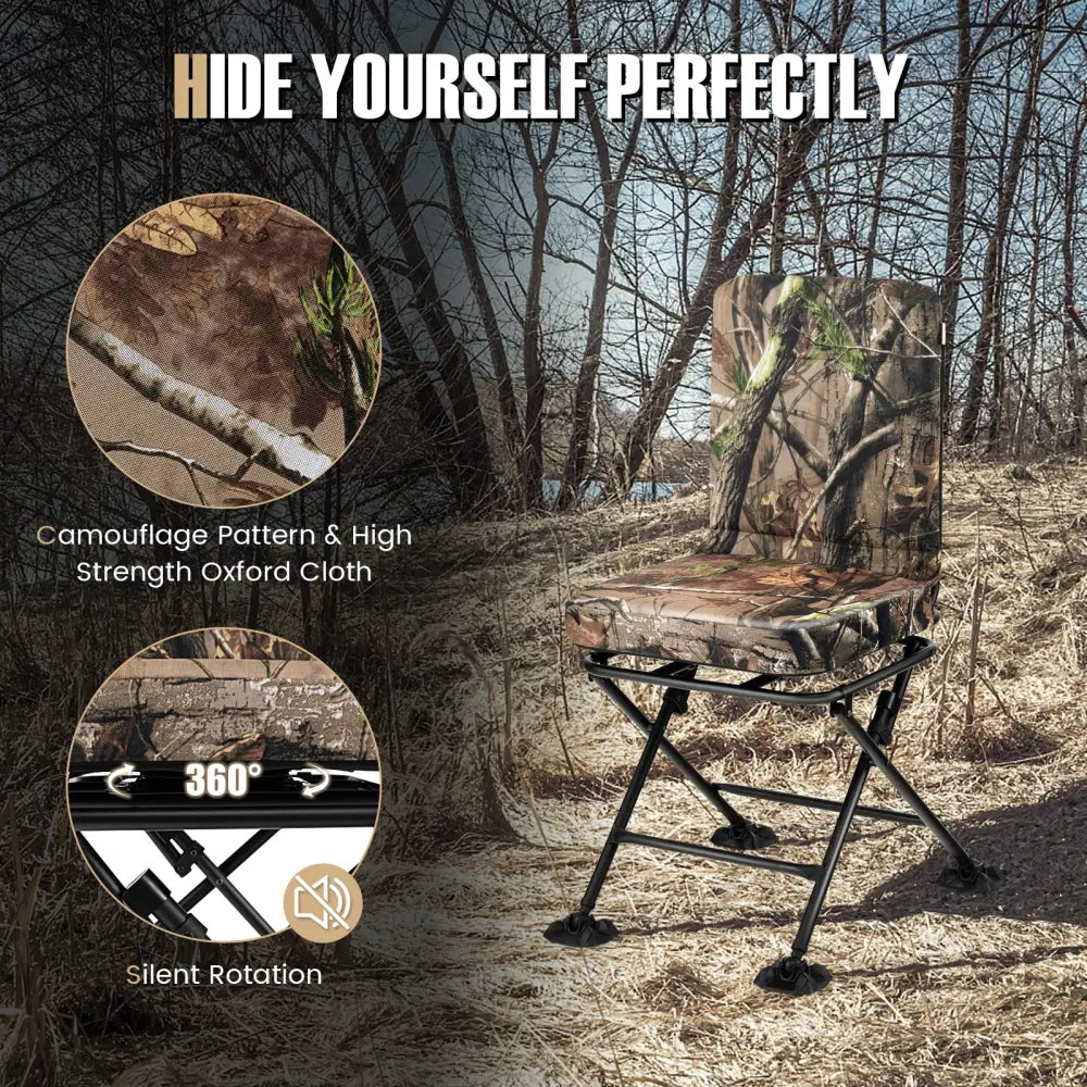 Swivel Folding Chair with Backrest and Padded Cushion-Camouflage - Camouflage - Camping Furniture