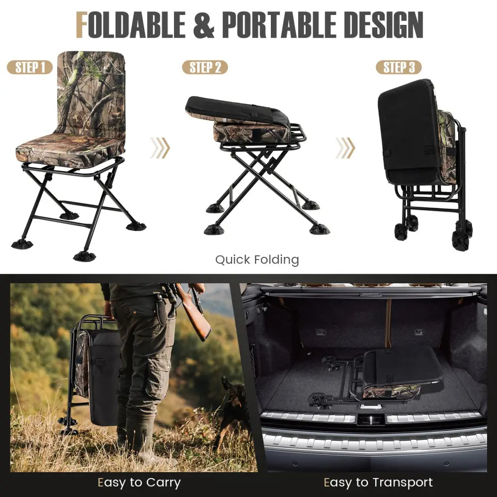 Swivel Folding Chair with Backrest and Padded Cushion-Camouflage - Camouflage - Camping Furniture