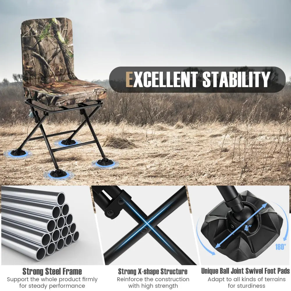 Swivel Folding Chair with Backrest and Padded Cushion-Camouflage - Camouflage - Camping Furniture