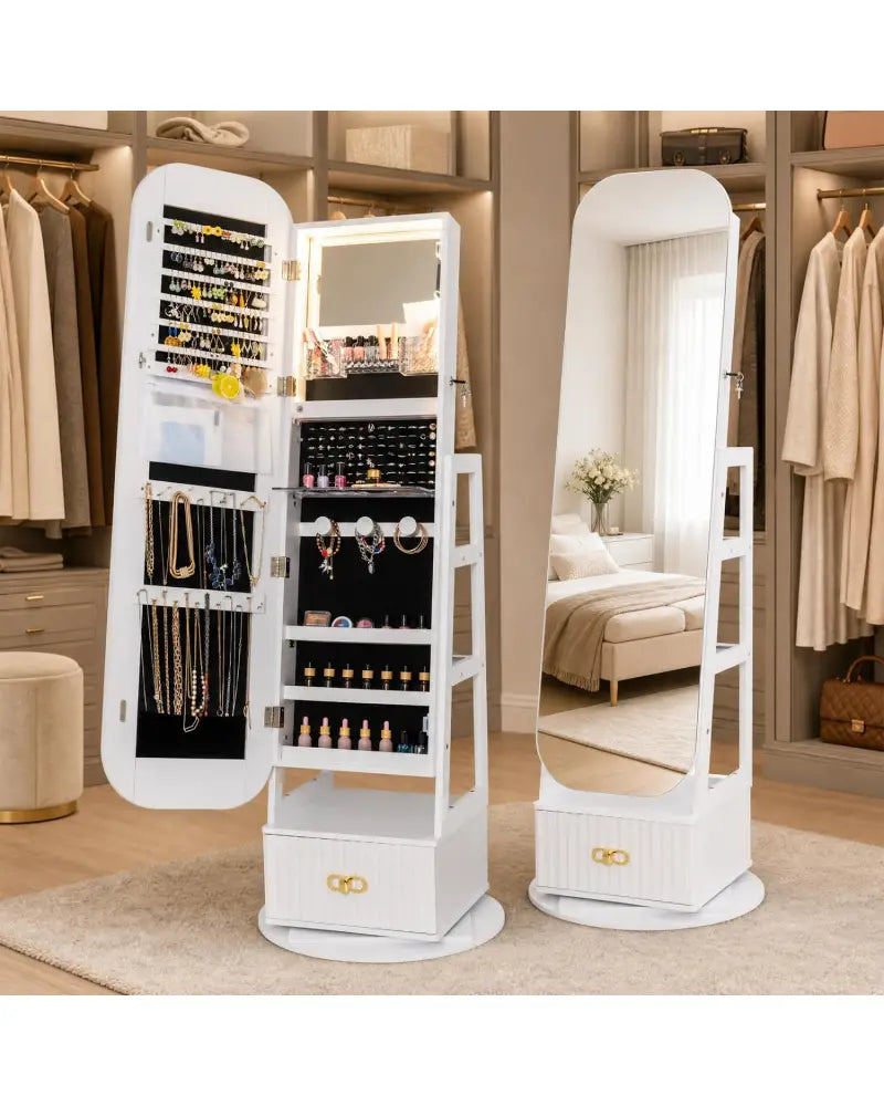 Swivel Jewelry Cabinet with Full-Length Mirror and LED Lights and Storage Shelves-White - White - Jewelry Armoires
