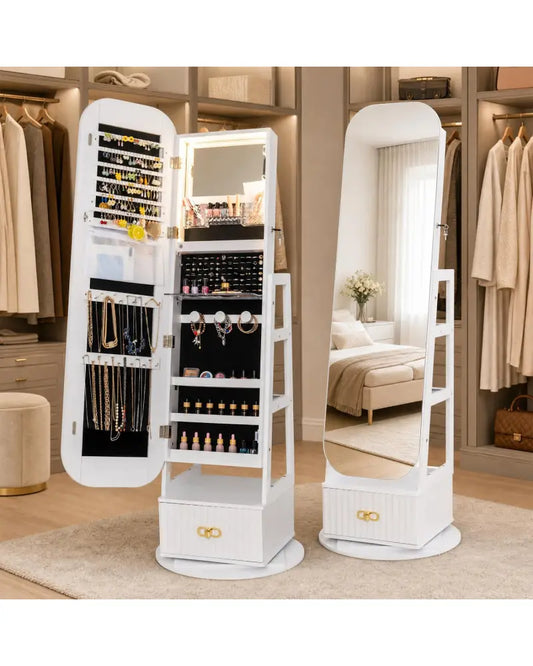 Swivel Jewelry Cabinet with Full-Length Mirror and LED Lights and Storage Shelves-White - White - Jewelry Armoires