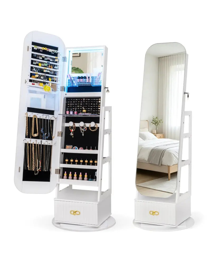 Swivel Jewelry Cabinet with Full-Length Mirror and LED Lights and Storage Shelves-White - White - Jewelry Armoires