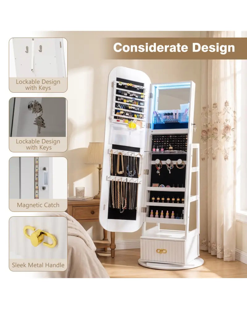 Swivel Jewelry Cabinet with Full-Length Mirror and LED Lights and Storage Shelves-White - White - Jewelry Armoires