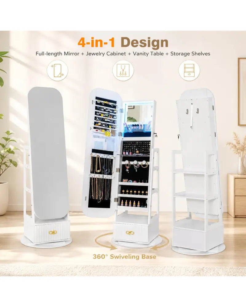Swivel Jewelry Cabinet with Full-Length Mirror and LED Lights and Storage Shelves-White - White - Jewelry Armoires