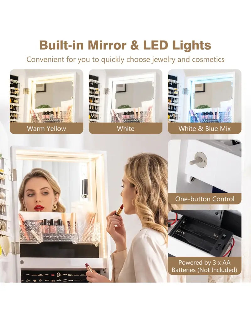Swivel Jewelry Cabinet with Full-Length Mirror and LED Lights and Storage Shelves-White - White - Jewelry Armoires