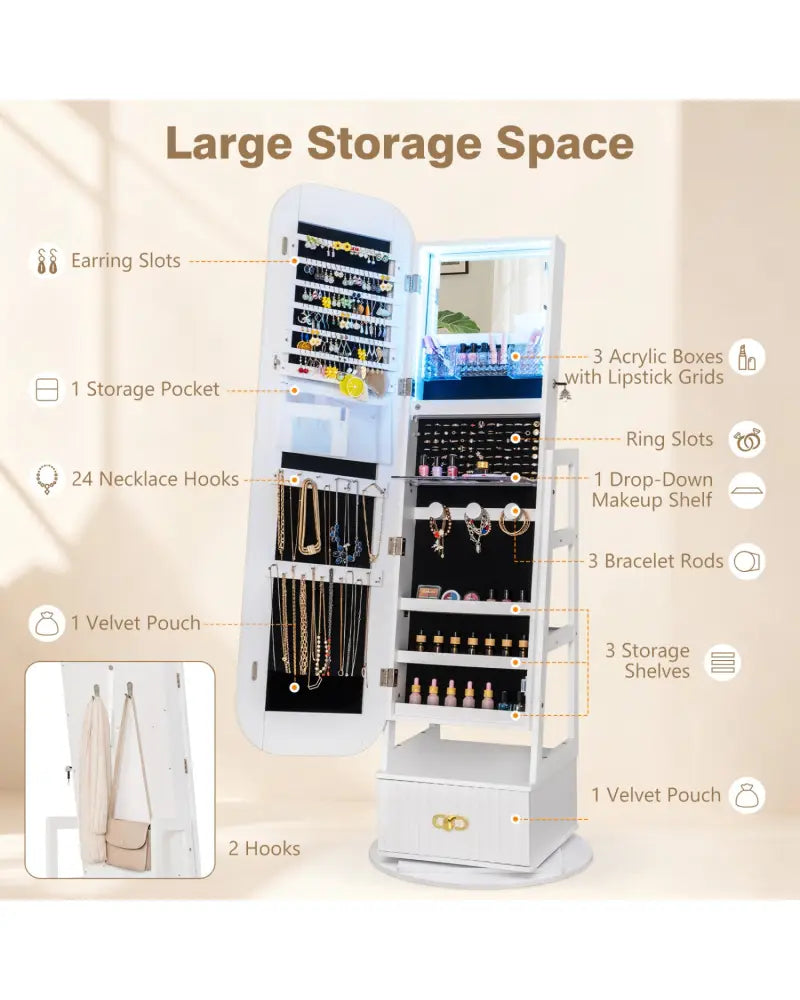 Swivel Jewelry Cabinet with Full-Length Mirror and LED Lights and Storage Shelves-White - White - Jewelry Armoires