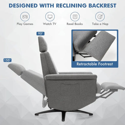 Swivel Massage Recliner Single Sofa with Adjustable Headrest-Gray - Gray - Recliners