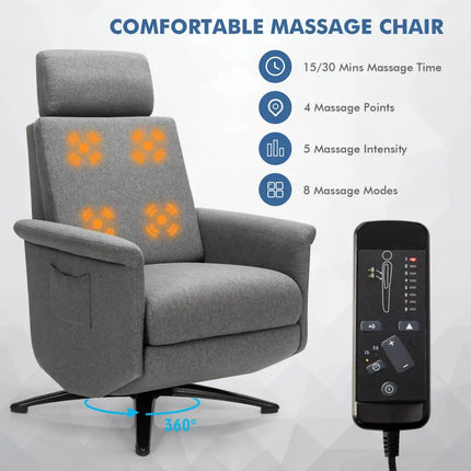 Swivel Massage Recliner Single Sofa with Adjustable Headrest-Gray - Gray - Recliners