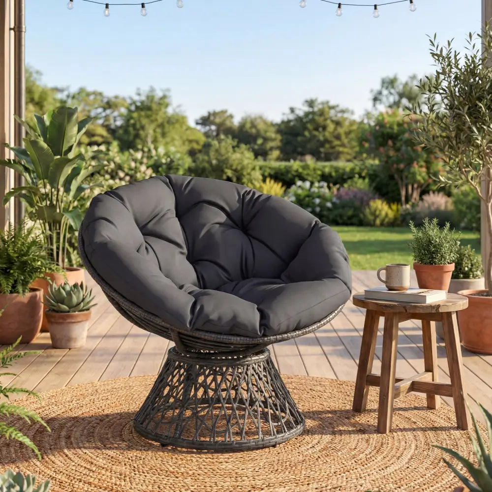 Swivel Papasan Chair Round Wicker Lounge Chair with Thick Cushion-Grey - Gray - Accent Chairs