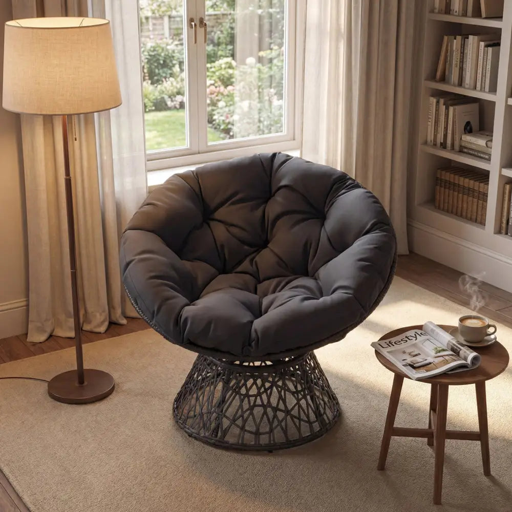 Swivel Papasan Chair Round Wicker Lounge Chair with Thick Cushion-Grey - Gray - Accent Chairs