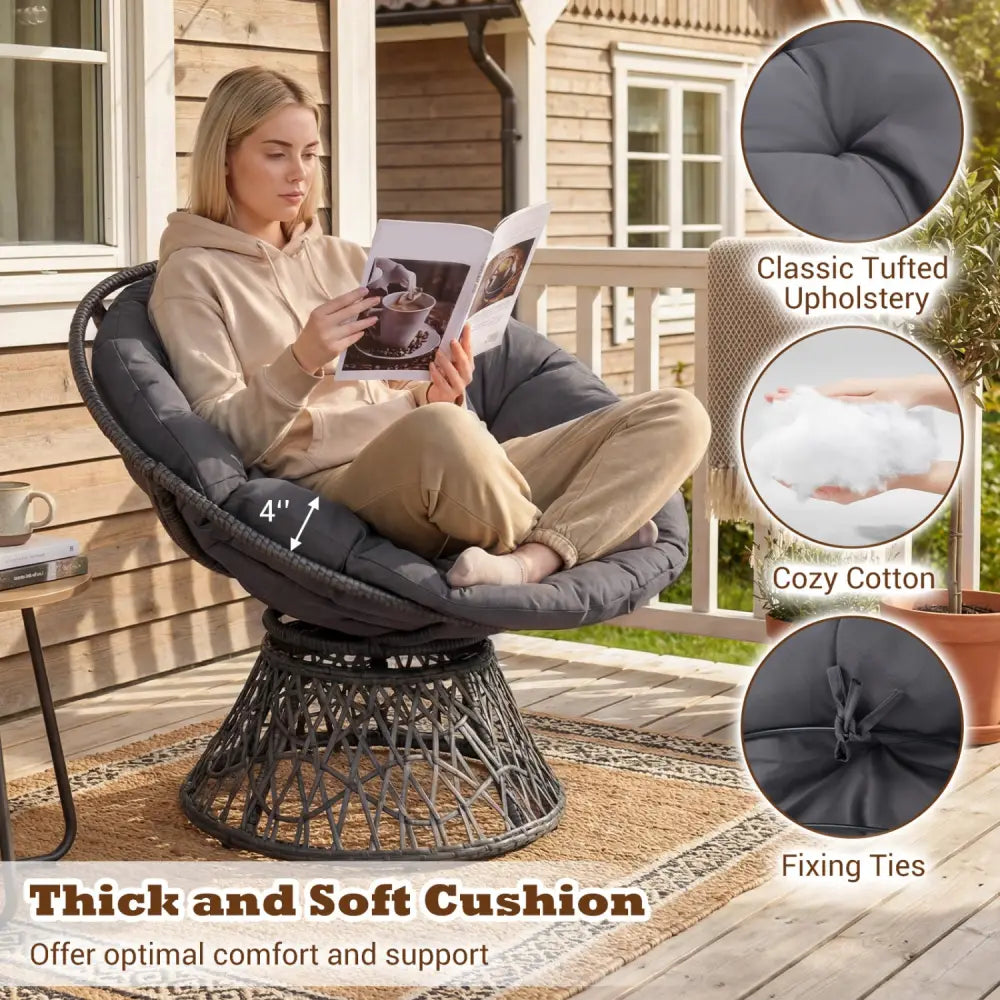 Swivel Papasan Chair Round Wicker Lounge Chair with Thick Cushion-Grey - Gray - Accent Chairs
