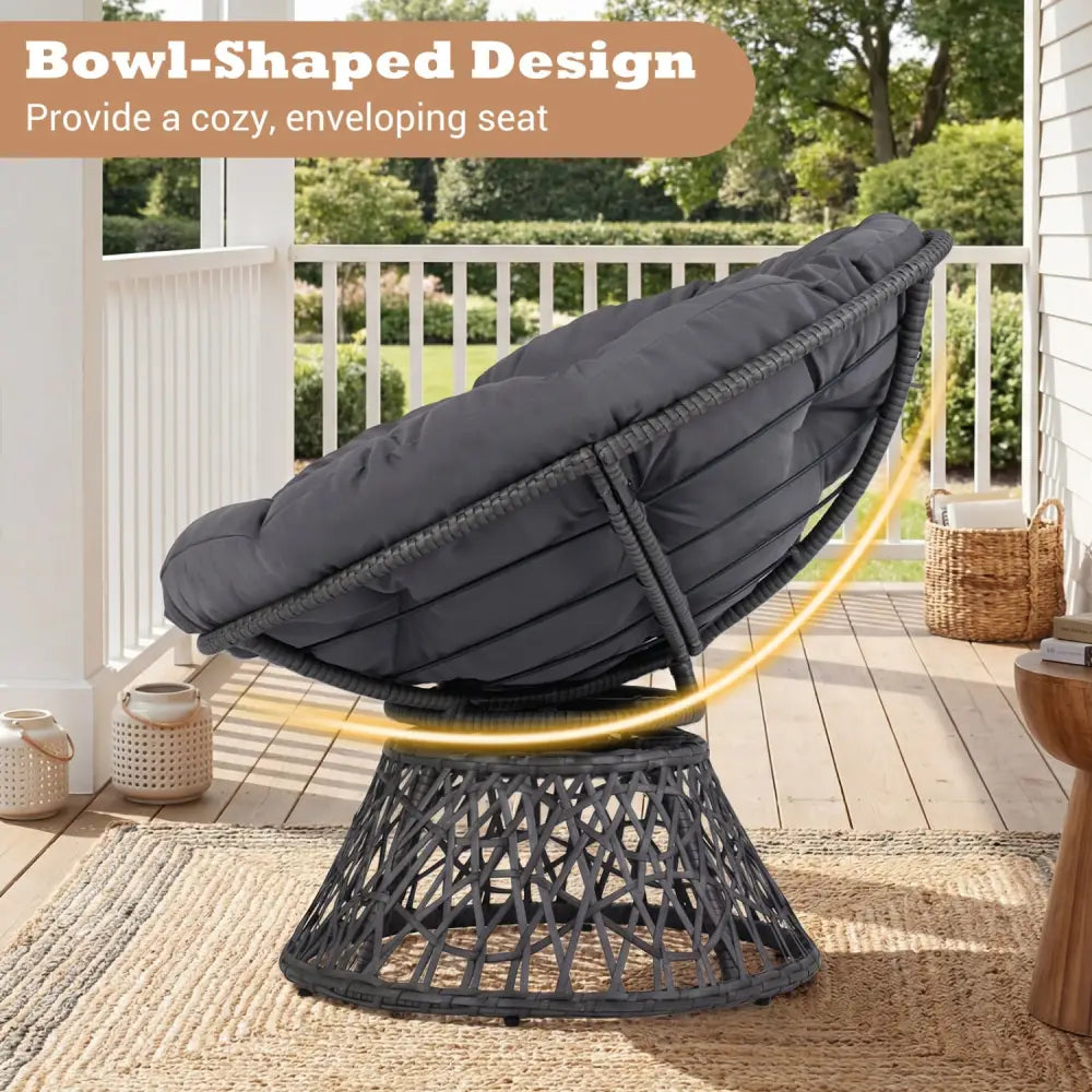 Swivel Papasan Chair Round Wicker Lounge Chair with Thick Cushion-Grey - Gray - Accent Chairs