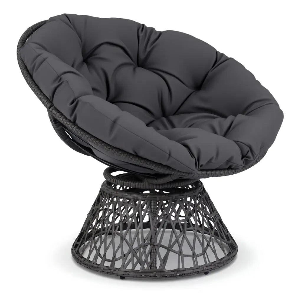Swivel Papasan Chair Round Wicker Lounge Chair with Thick Cushion-Grey - Gray - Accent Chairs