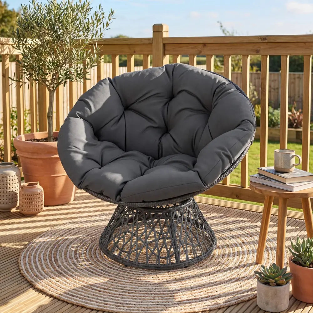 Swivel Papasan Chair Round Wicker Lounge Chair with Thick Cushion-Grey - Gray - Accent Chairs