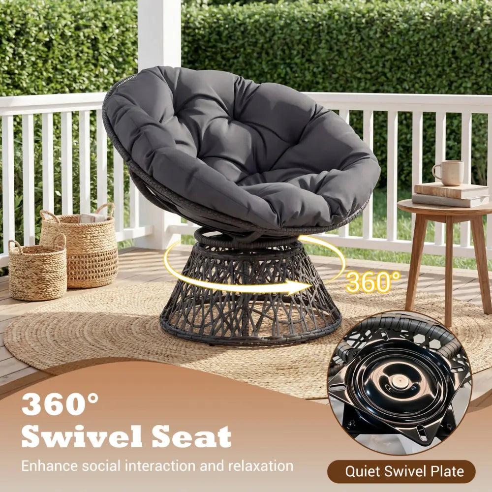 Swivel Papasan Chair Round Wicker Lounge Chair with Thick Cushion-Grey - Gray - Accent Chairs