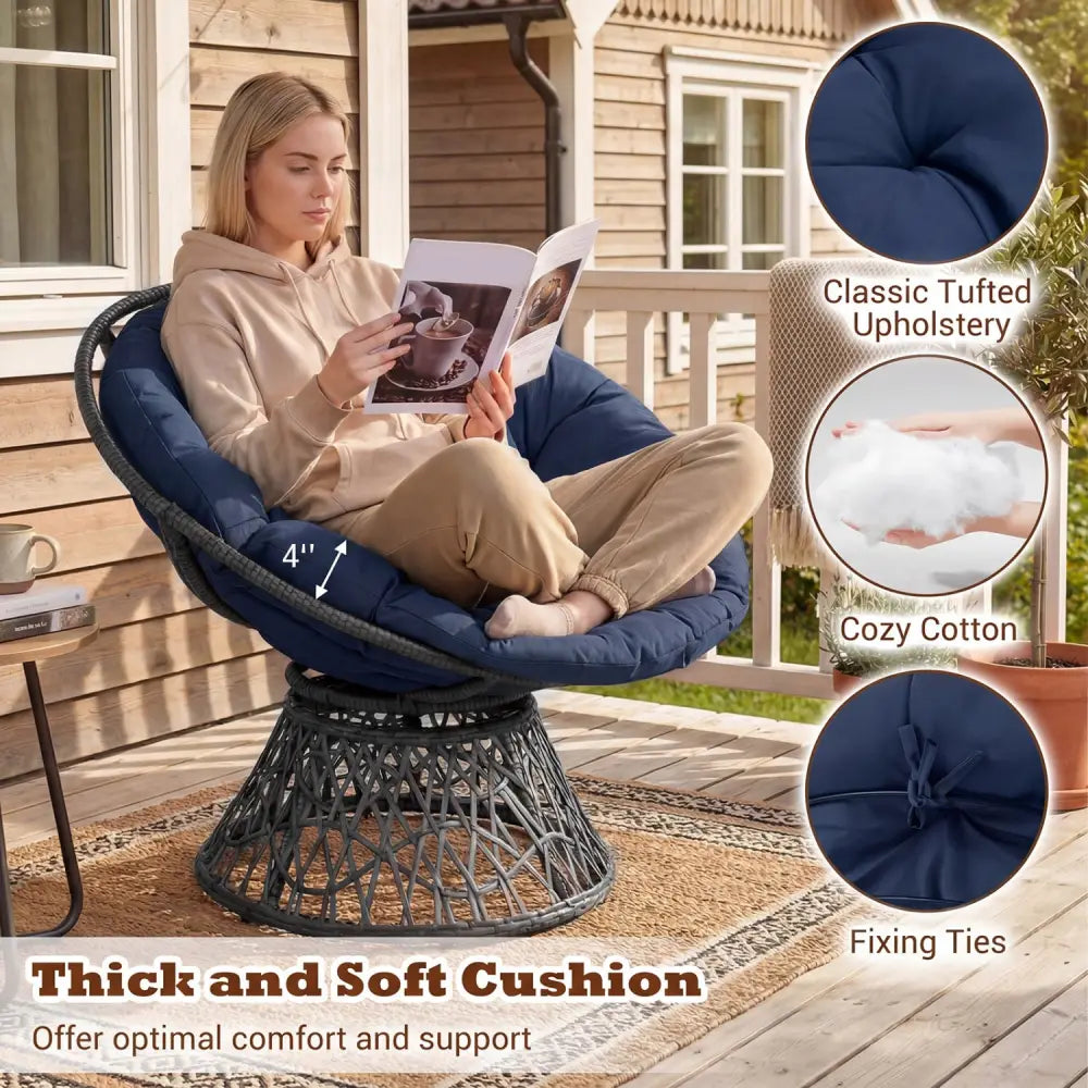 Swivel Papasan Chair Round Wicker Lounge Chair with Thick Cushion-Navy - Navy - Accent Chairs