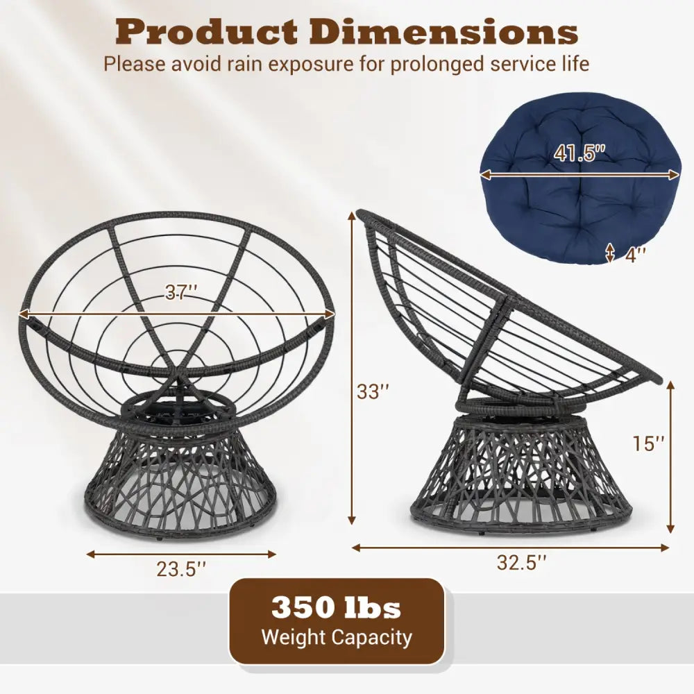 Swivel Papasan Chair Round Wicker Lounge Chair with Thick Cushion-Navy - Navy - Accent Chairs