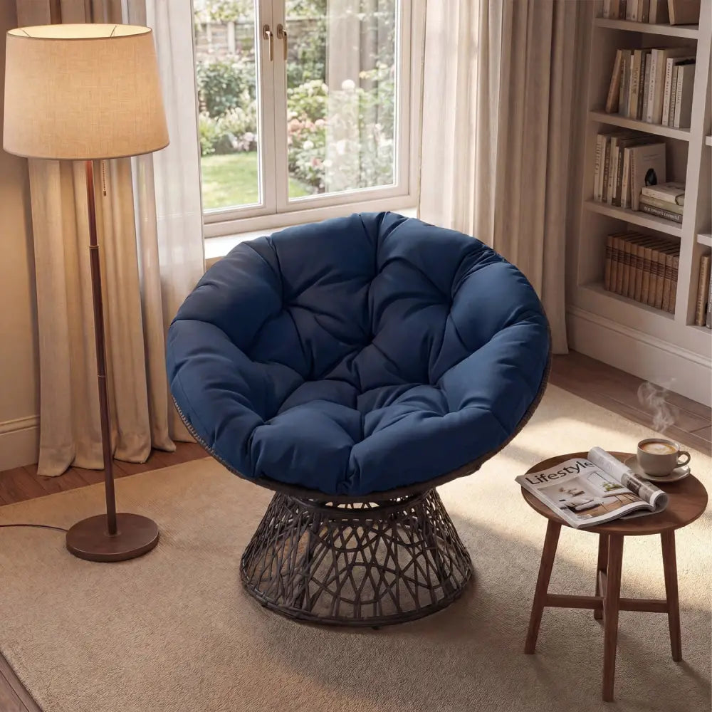 Swivel Papasan Chair Round Wicker Lounge Chair with Thick Cushion-Navy - Navy - Accent Chairs