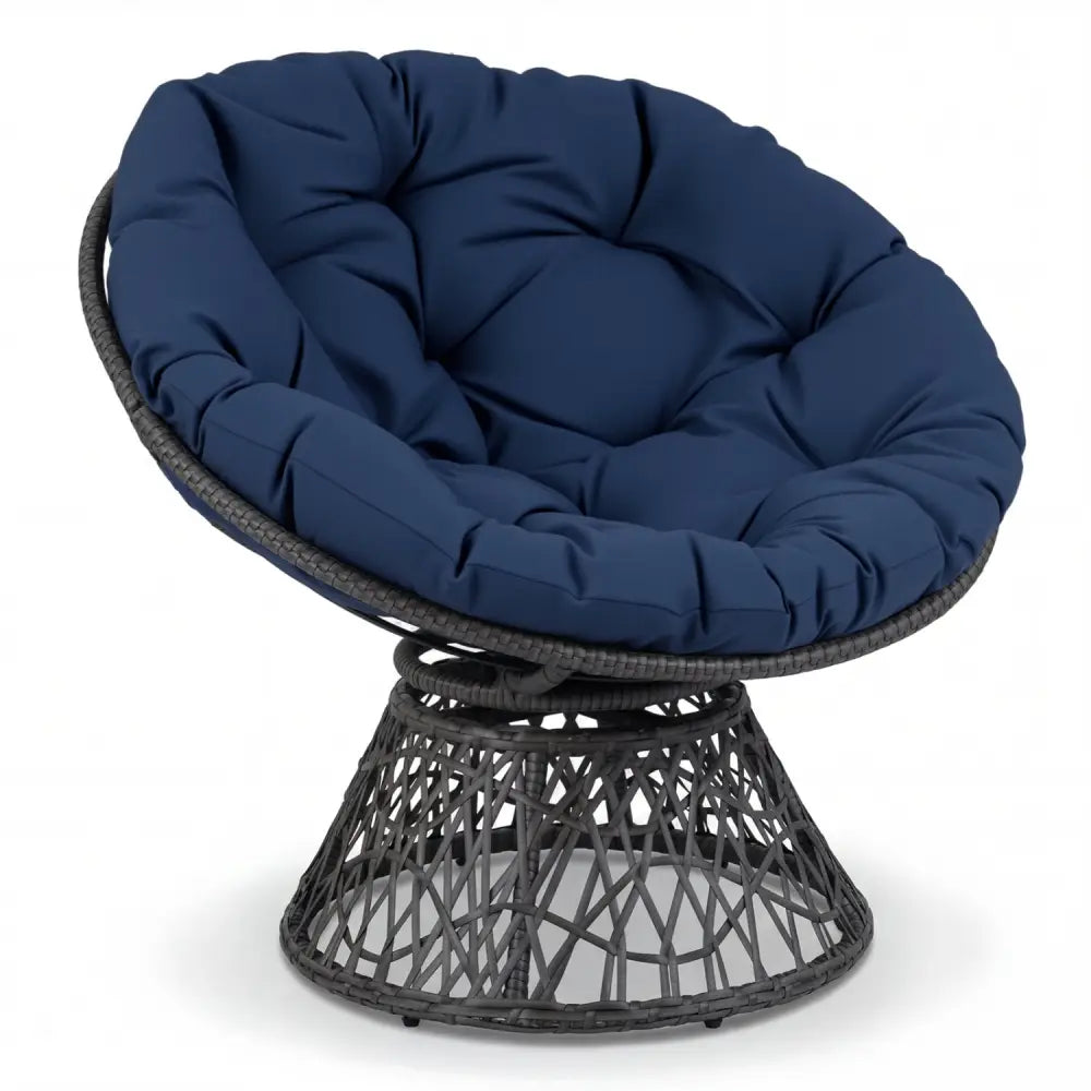 Swivel Papasan Chair Round Wicker Lounge Chair with Thick Cushion-Navy - Navy - Accent Chairs
