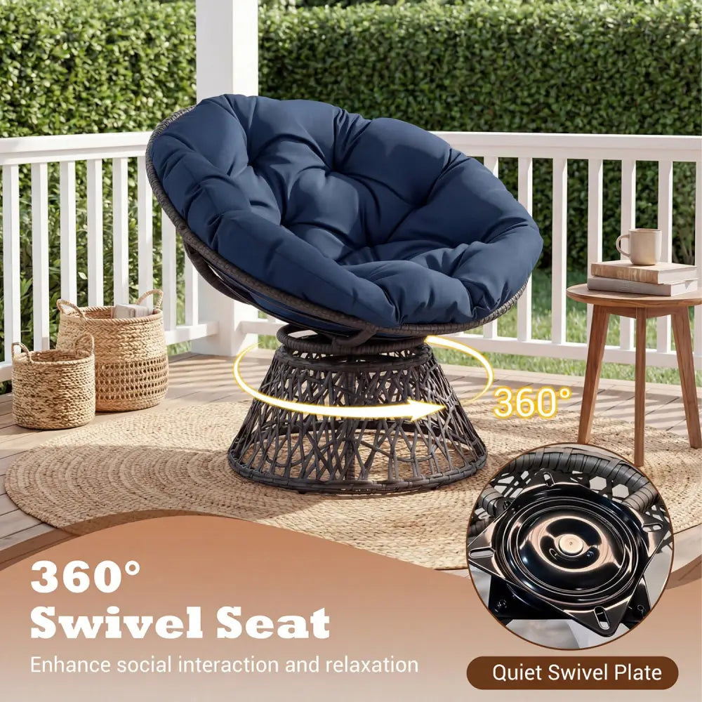 Swivel Papasan Chair Round Wicker Lounge Chair with Thick Cushion-Navy - Navy - Accent Chairs