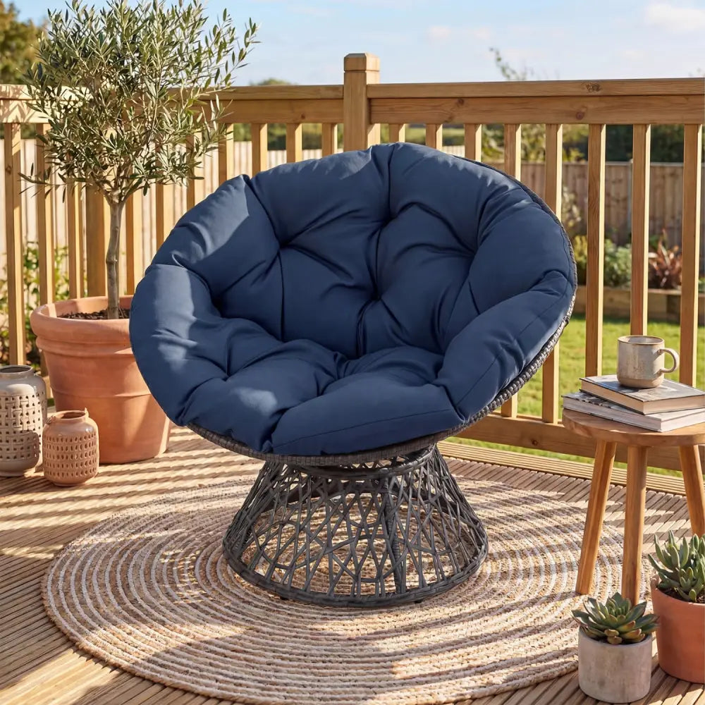 Swivel Papasan Chair Round Wicker Lounge Chair with Thick Cushion-Navy - Navy - Accent Chairs